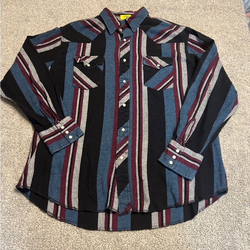 wrangler shirt mens xl black blue stripes peal snap button up cowboy‎ western